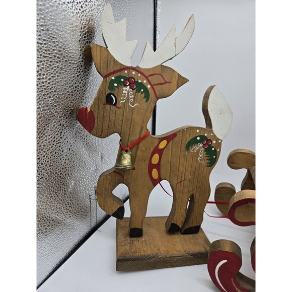 Vintage Wooden Christmas Reindeer & Sleigh Set Holiday Xmas Wooden Decor *AS IS* - Picture 2 of 16
